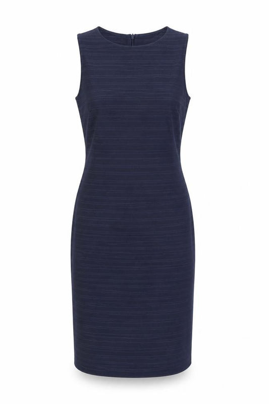Front view of Next women’s blue polyester pencil dress, size UK 12, boat neck zip