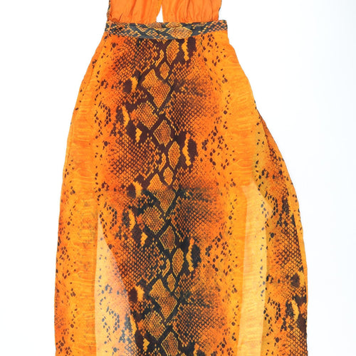 PRETTYLITTLETHING Womens Orange Animal Print Polyester Maxi Size 6 Halter Zip
