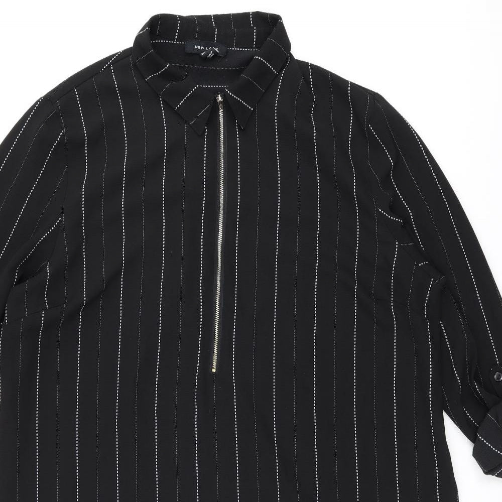 New Look Womens Black Striped Polyester Shift Size 18 Collared Zip