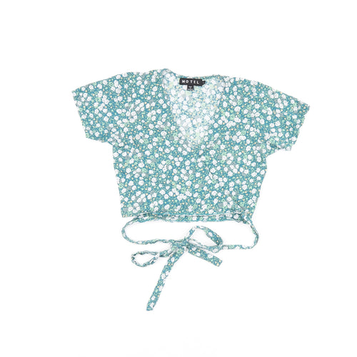 Motel Womens Green Floral Cotton Cropped T-Shirt Size S V-Neck