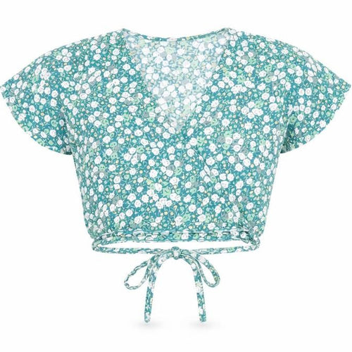 Motel Womens Green Floral Cotton Cropped T-Shirt Size S V-Neck