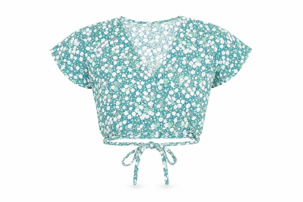Motel Womens Green Floral Cotton Cropped T-Shirt Size S V-Neck