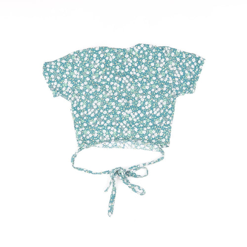 Motel Womens Green Floral Cotton Cropped T-Shirt Size S V-Neck