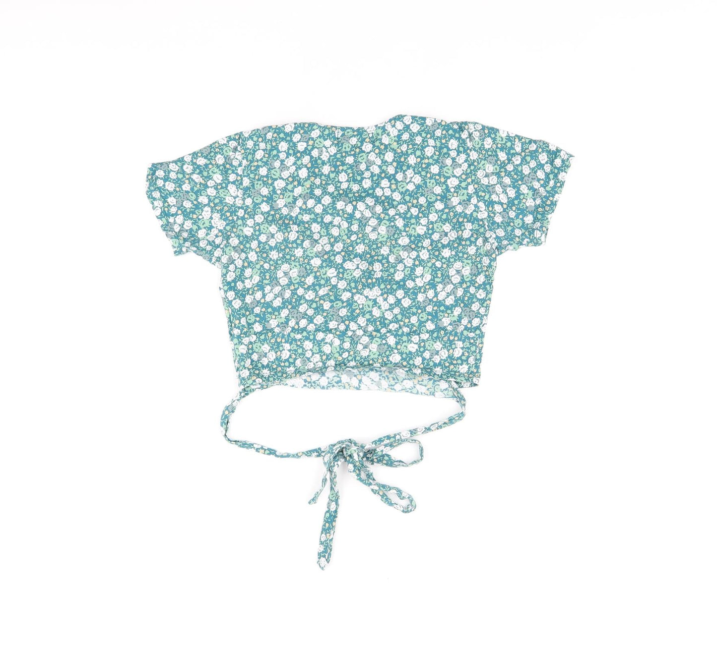 Motel Womens Green Floral Cotton Cropped T-Shirt Size S V-Neck