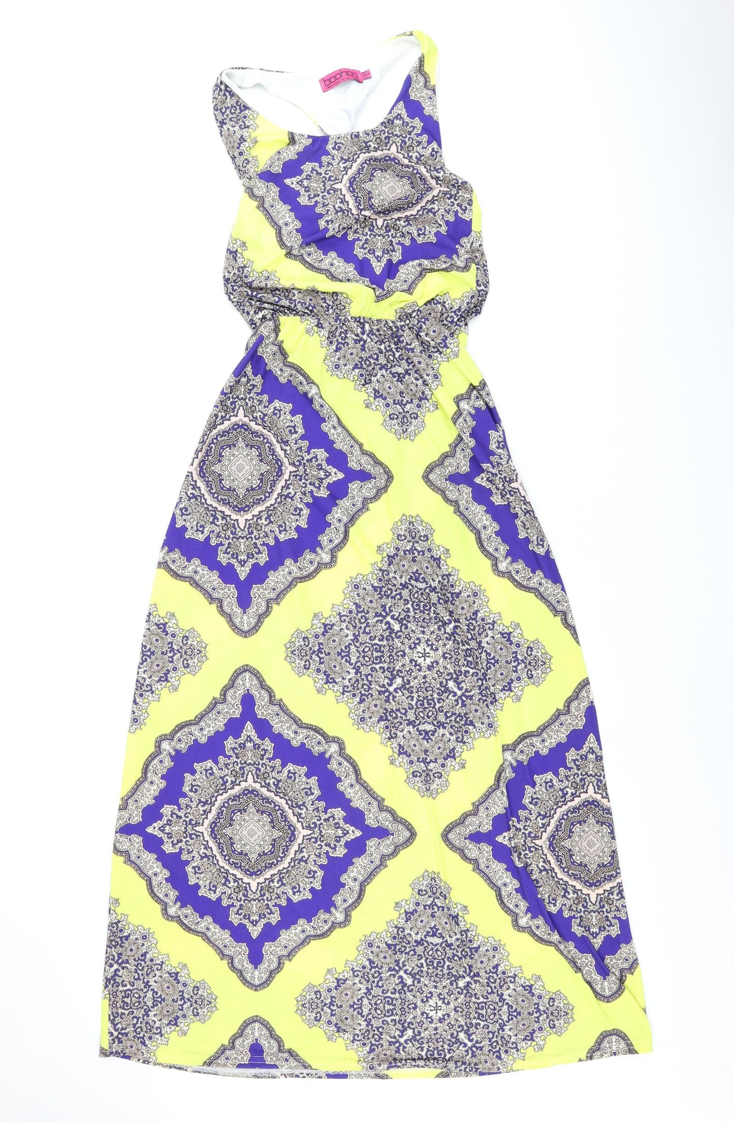 Boohoo Womens Yellow Geometric Polyester Maxi Size 8 Scoop Neck Pullover