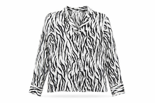 Front view of Very women’s white animal print viscose jersey button-up, size UK 14, collared - zebra print