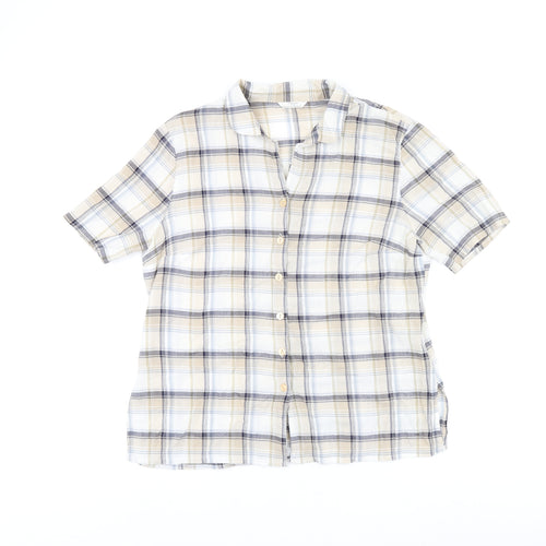 Marks and Spencer Womens Beige Plaid Cotton Basic Button-Up Size 16 Collared