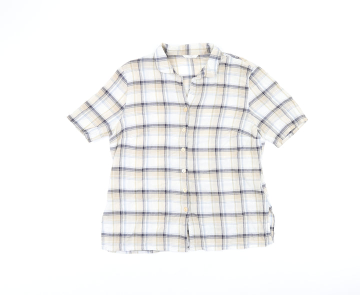 Marks and Spencer Womens Beige Plaid Cotton Basic Button-Up Size 16 Collared