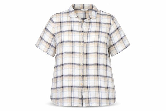 Front view of Marks & Spencer women’s beige plaid cotton basic button-up, size UK 16, collared