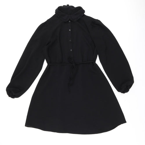 New Look Womens Black Polyester Skater Dress Size 12 Collared Button