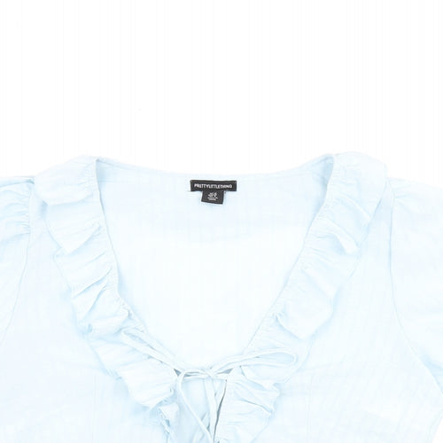 PRETTYLITTLETHING Womens Blue Polyester Cropped Blouse Size 12 V-Neck