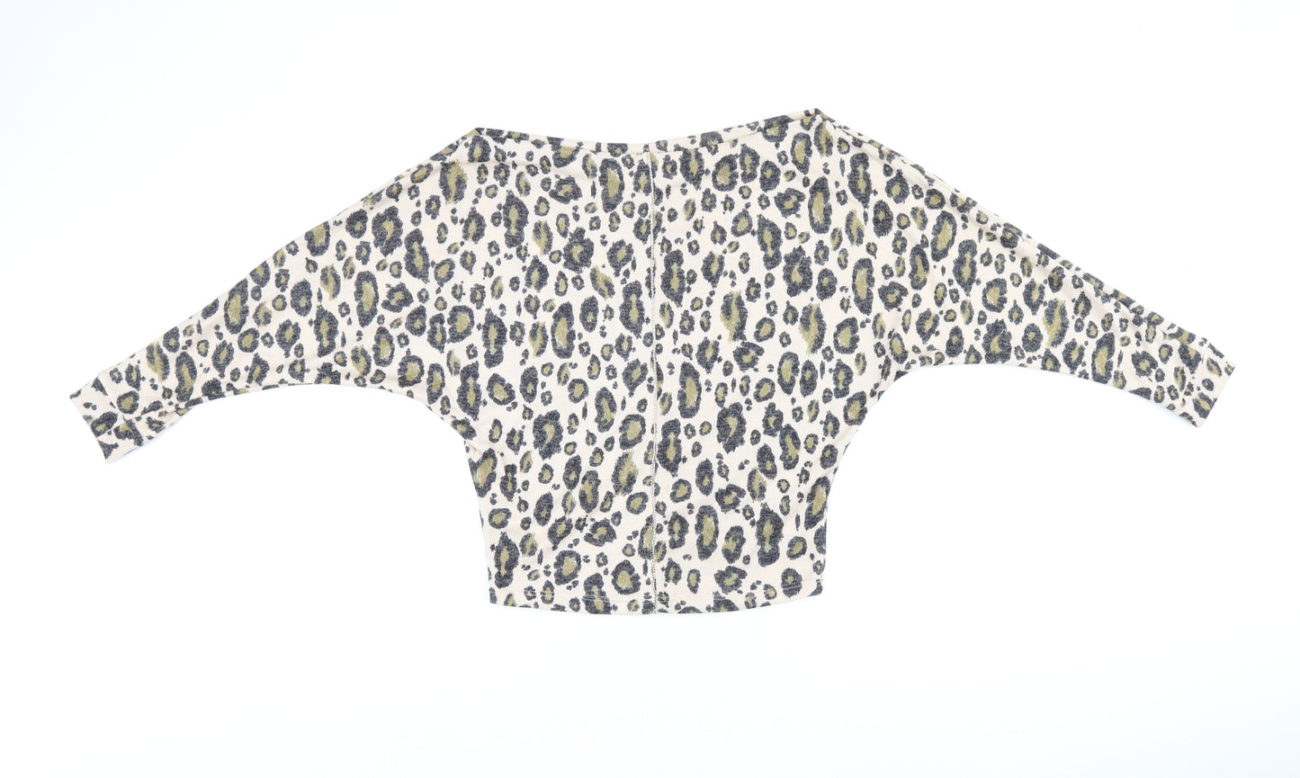 River Island Womens Beige Animal Print Polyester Jersey T-Shirt Size XS Boat Neck - Leopard print