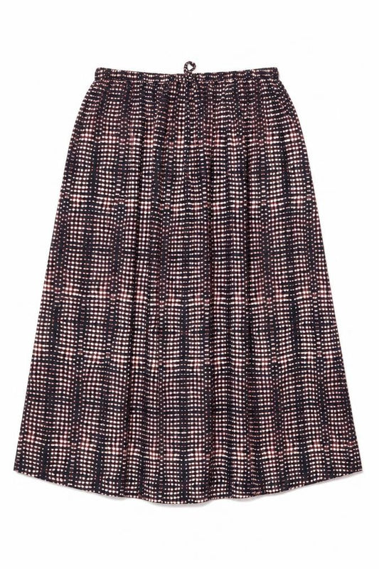 Front view of Per Una women’s black geometric polyester swing skirt, size UK 16, drawstring