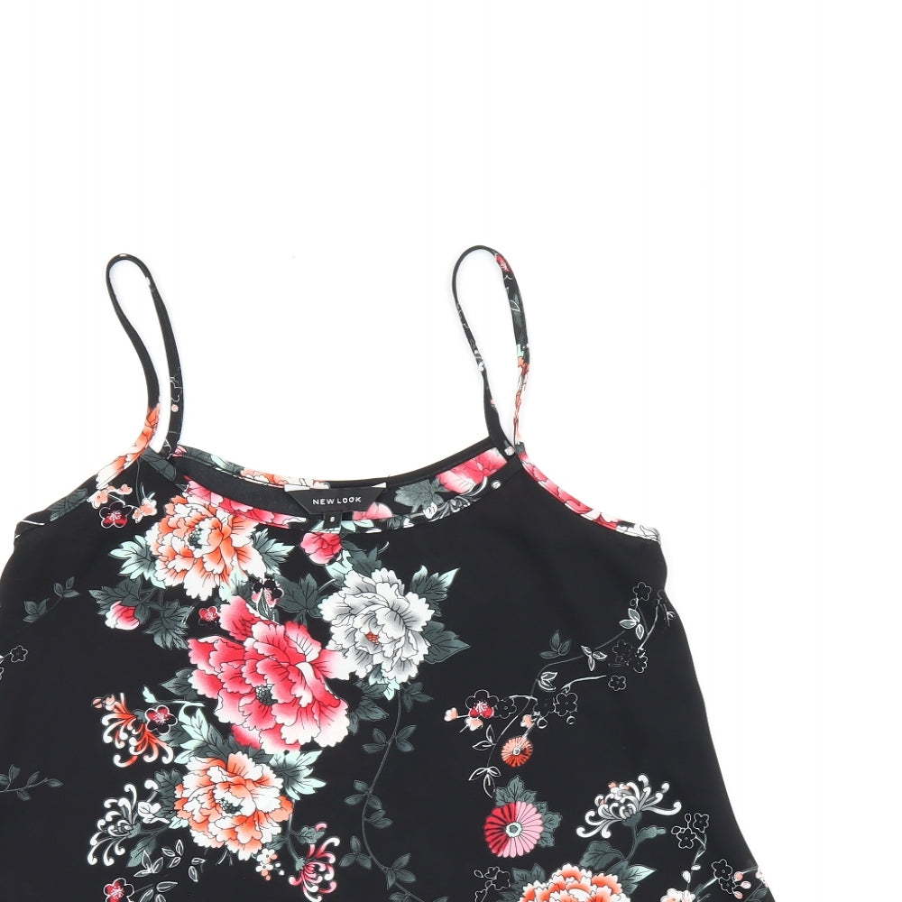 New Look Womens Black Floral Polyester Camisole T-Shirt Size 8 Scoop Neck