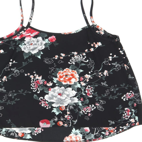 New Look Womens Black Floral Polyester Camisole T-Shirt Size 8 Scoop Neck