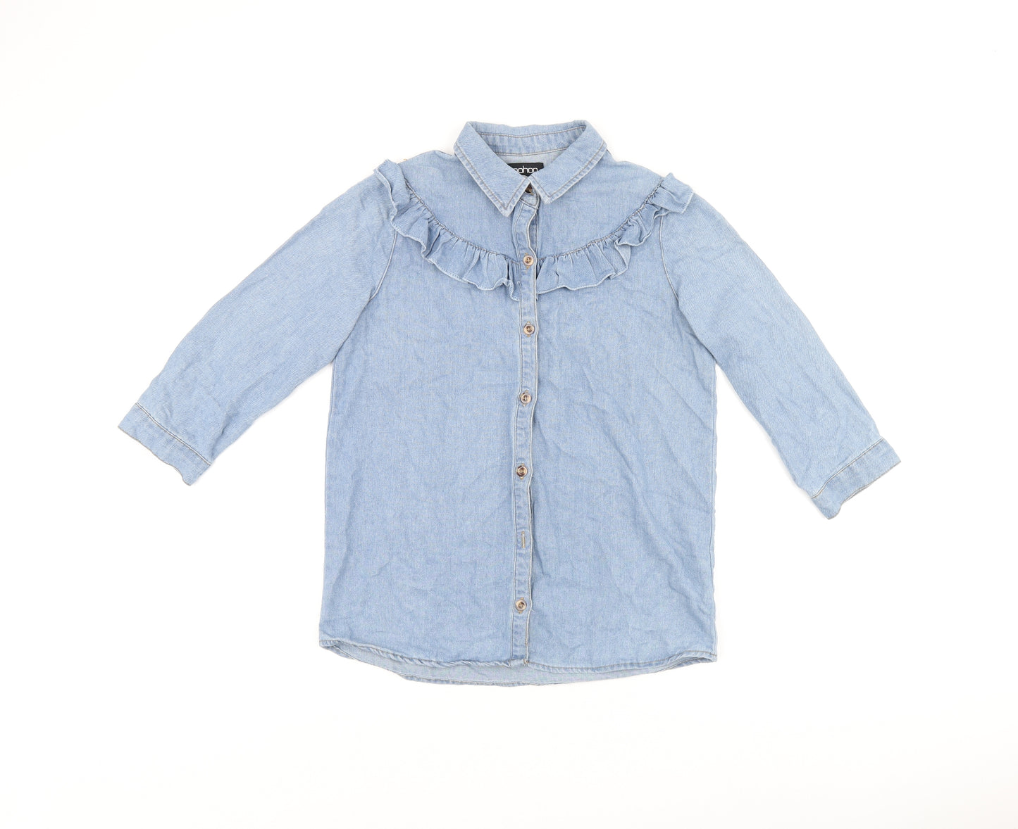 Boohoo Womens Blue Cotton Jersey Button-Up Size 6 Collared