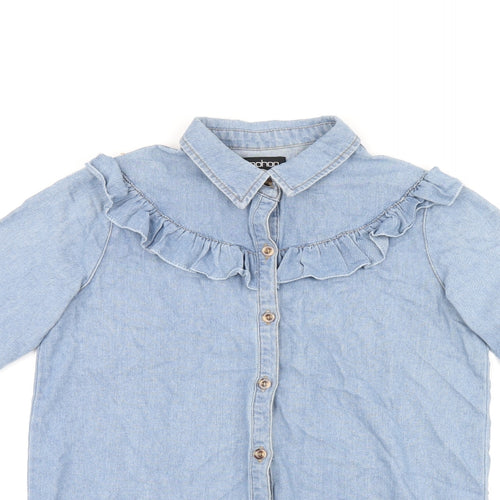 Boohoo Womens Blue Cotton Jersey Button-Up Size 6 Collared