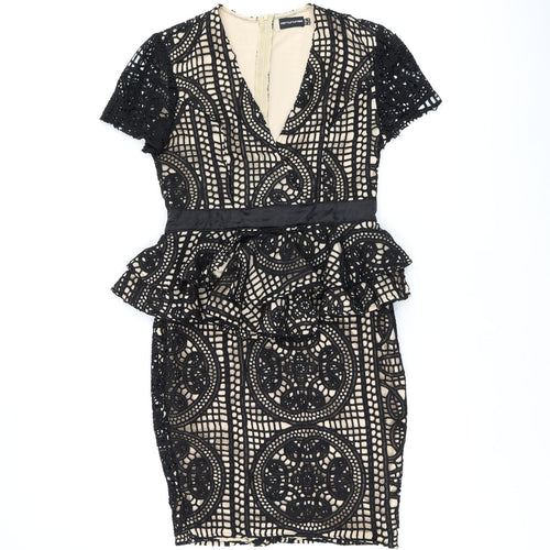 PRETTYLITTLETHING Womens Black Geometric Polyester Pencil Dress Size 10 Boat Neck Zip
