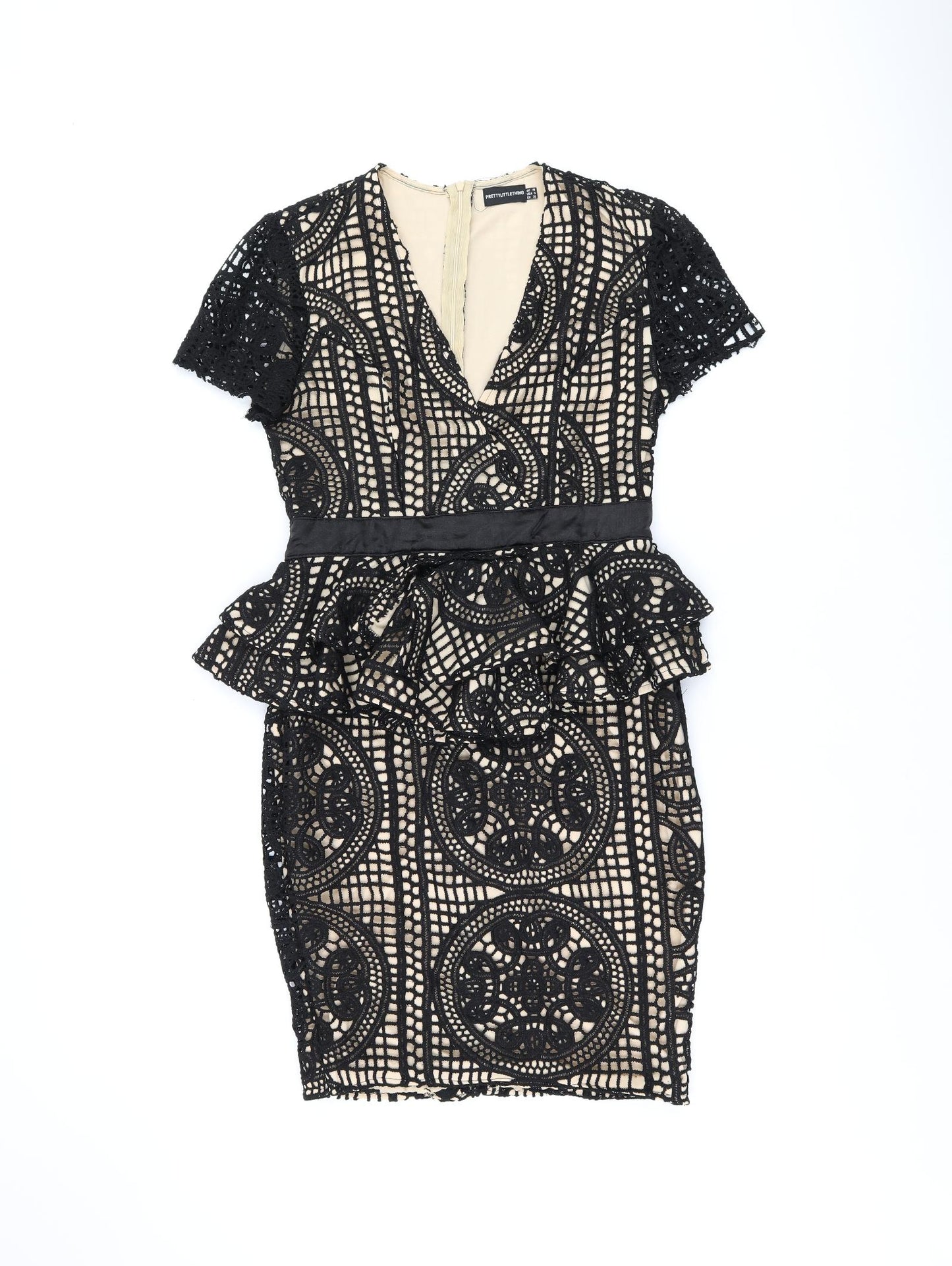 PRETTYLITTLETHING Womens Black Geometric Polyester Pencil Dress Size 10 Boat Neck Zip