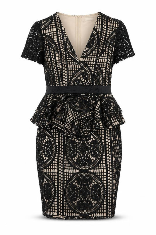 Front view of PRETTYLITTLETHING women’s black geometric polyester pencil dress, size UK 10, boat neck zip