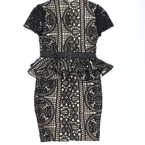 PRETTYLITTLETHING Womens Black Geometric Polyester Pencil Dress Size 10 Boat Neck Zip