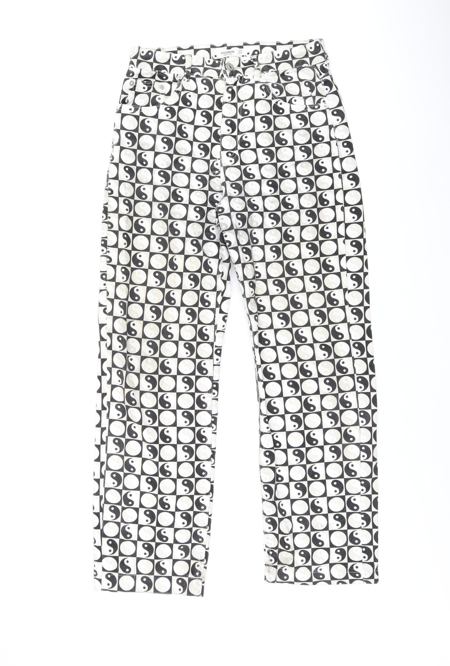 Pull&Bear Womens White Geometric Cotton Straight Jeans Size 8 L28.5 in Regular Zip