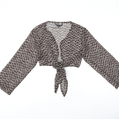 CASAMIA Womens Brown Geometric Polyester Cropped Blouse Size 12 V-Neck