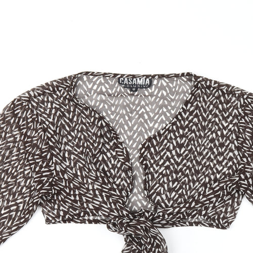 CASAMIA Womens Brown Geometric Polyester Cropped Blouse Size 12 V-Neck