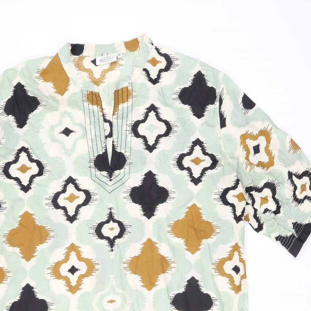 Masai Womens Green Geometric Cotton Shift Size XL V-Neck Pullover