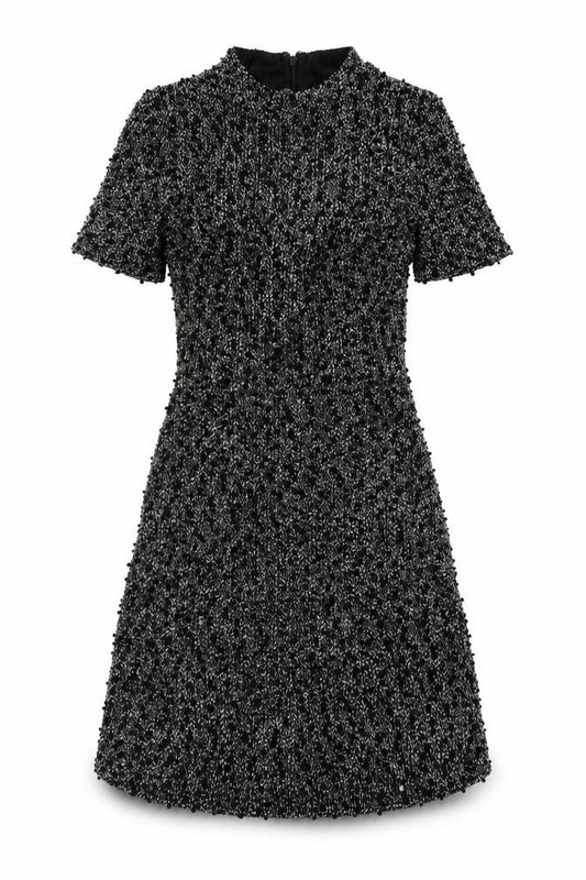 Front view of Warehouse women’s black polyester a-line, size UK 8, round neck zip