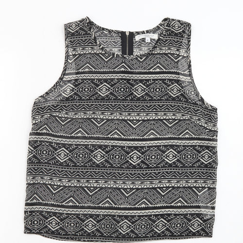 New Look Womens Black Geometric Polyester Basic Tank Size 10 Round Neck - Sheer
