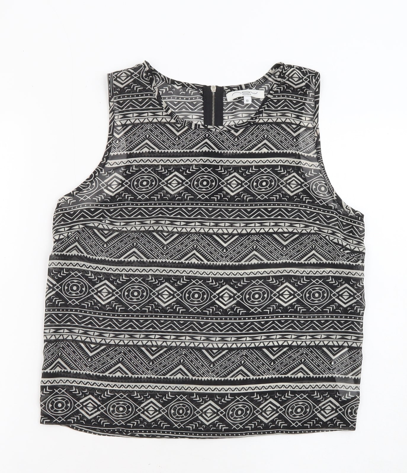 New Look Womens Black Geometric Polyester Basic Tank Size 10 Round Neck - Sheer