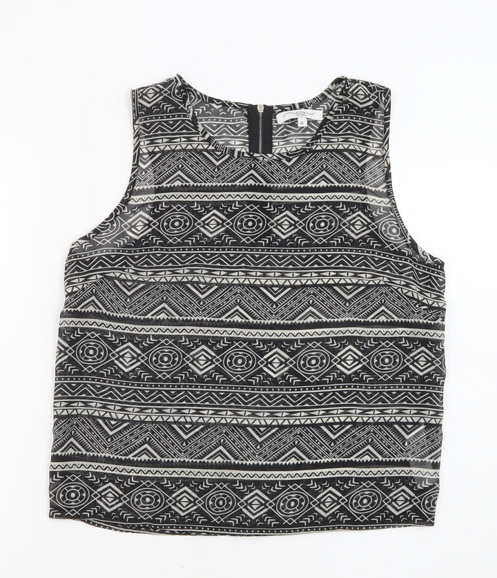 New Look Womens Black Geometric Polyester Basic Tank Size 10 Round Neck - Sheer