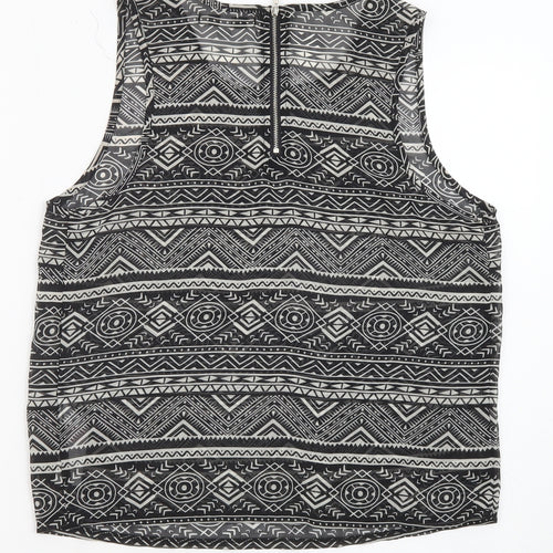New Look Womens Black Geometric Polyester Basic Tank Size 10 Round Neck - Sheer