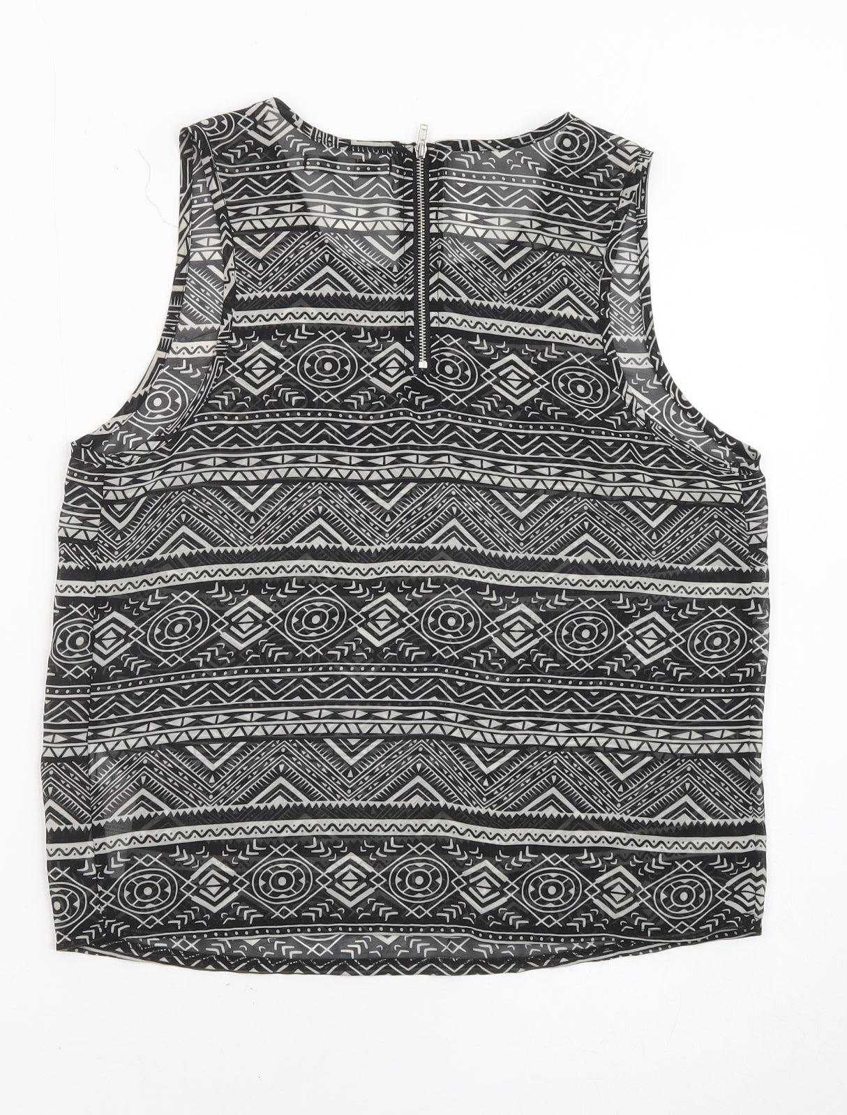 New Look Womens Black Geometric Polyester Basic Tank Size 10 Round Neck - Sheer