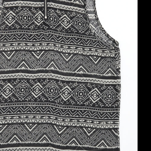 New Look Womens Black Geometric Polyester Basic Tank Size 10 Round Neck - Sheer