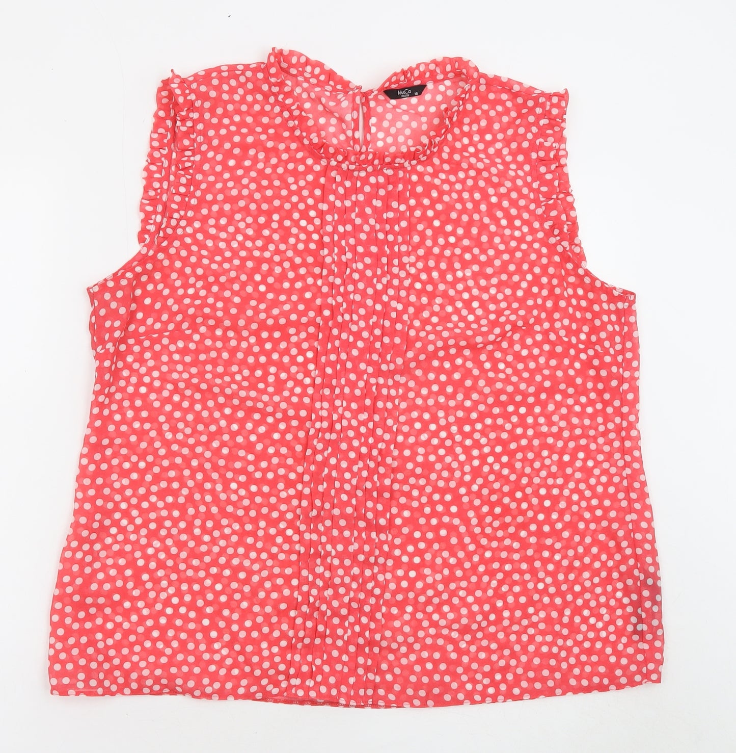 M&Co Womens Red Polka Dot Polyester Basic Tank Size 18 Round Neck - Sheer, Pleated Detail
