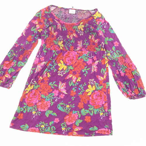 NEXT Girls Purple Floral Polyester A-Line Size 12 Years Round Neck Pullover - Shirred