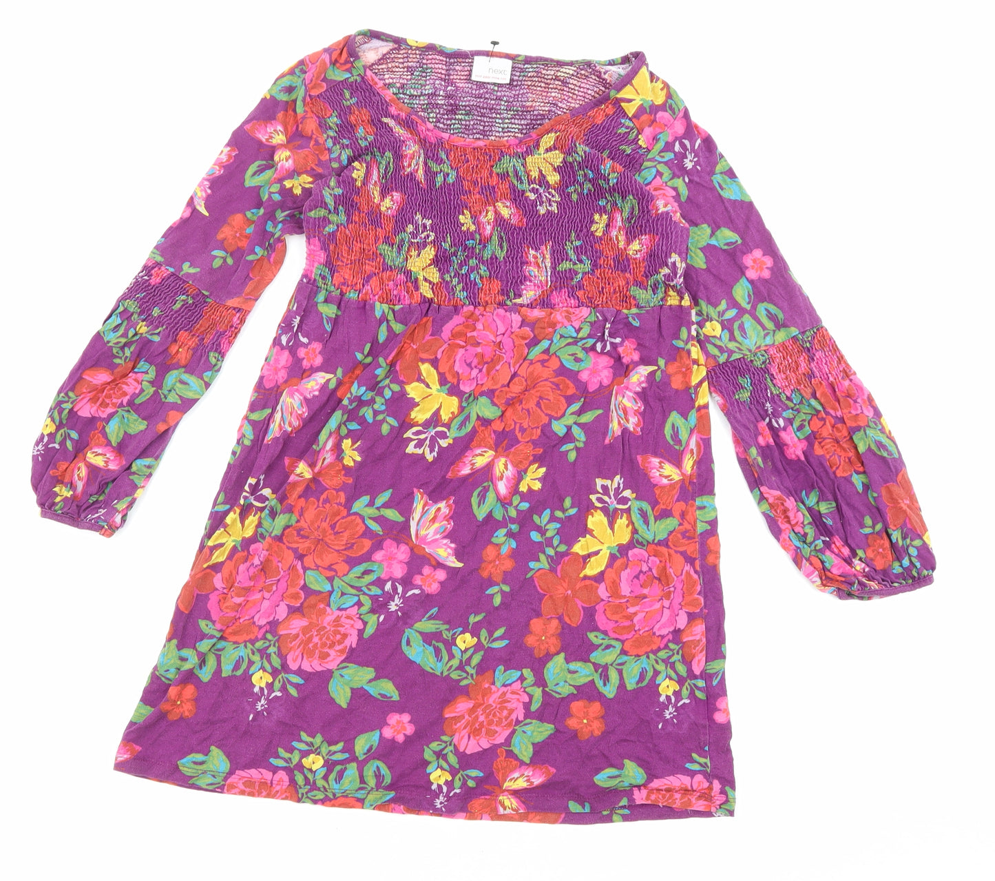 NEXT Girls Purple Floral Polyester A-Line Size 12 Years Round Neck Pullover - Shirred