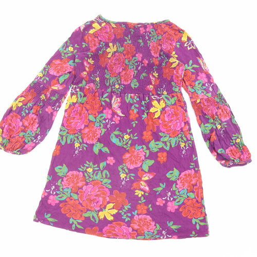 NEXT Girls Purple Floral Polyester A-Line Size 12 Years Round Neck Pullover - Shirred