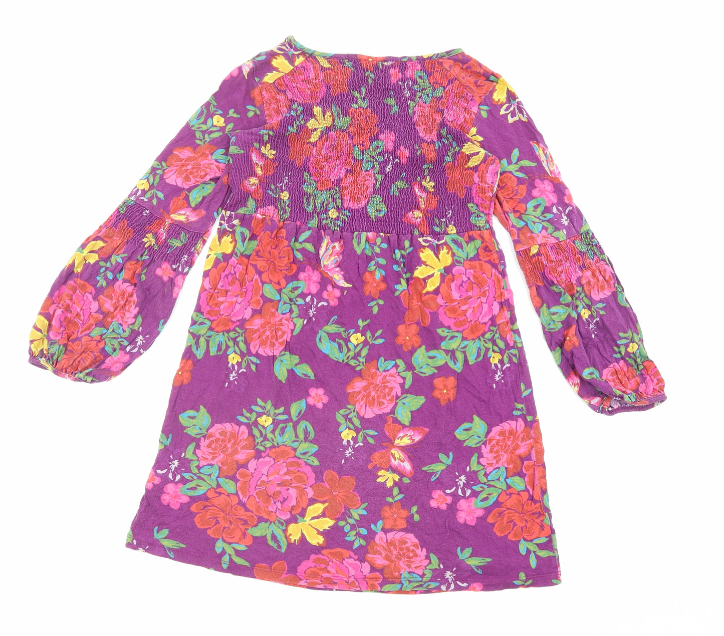 NEXT Girls Purple Floral Polyester A-Line Size 12 Years Round Neck Pullover - Shirred