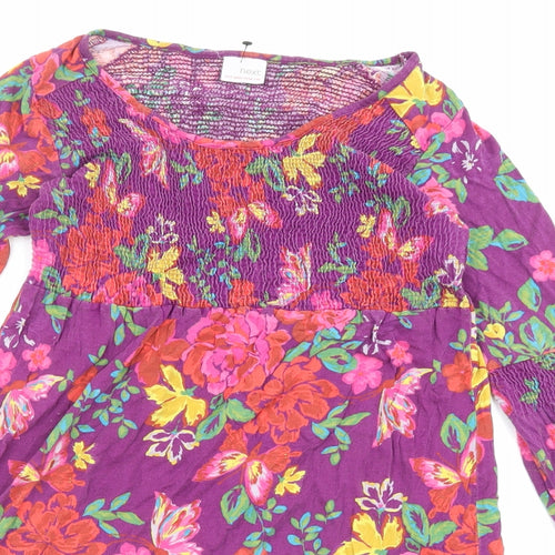 NEXT Girls Purple Floral Polyester A-Line Size 12 Years Round Neck Pullover - Shirred