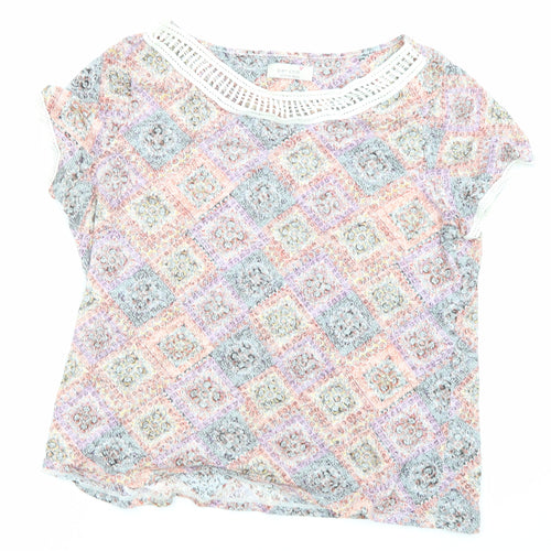 Per Una Womens Multicoloured Geometric Cotton Basic T-Shirt Size 16 Round Neck - Crochet Neckline and Cuffs