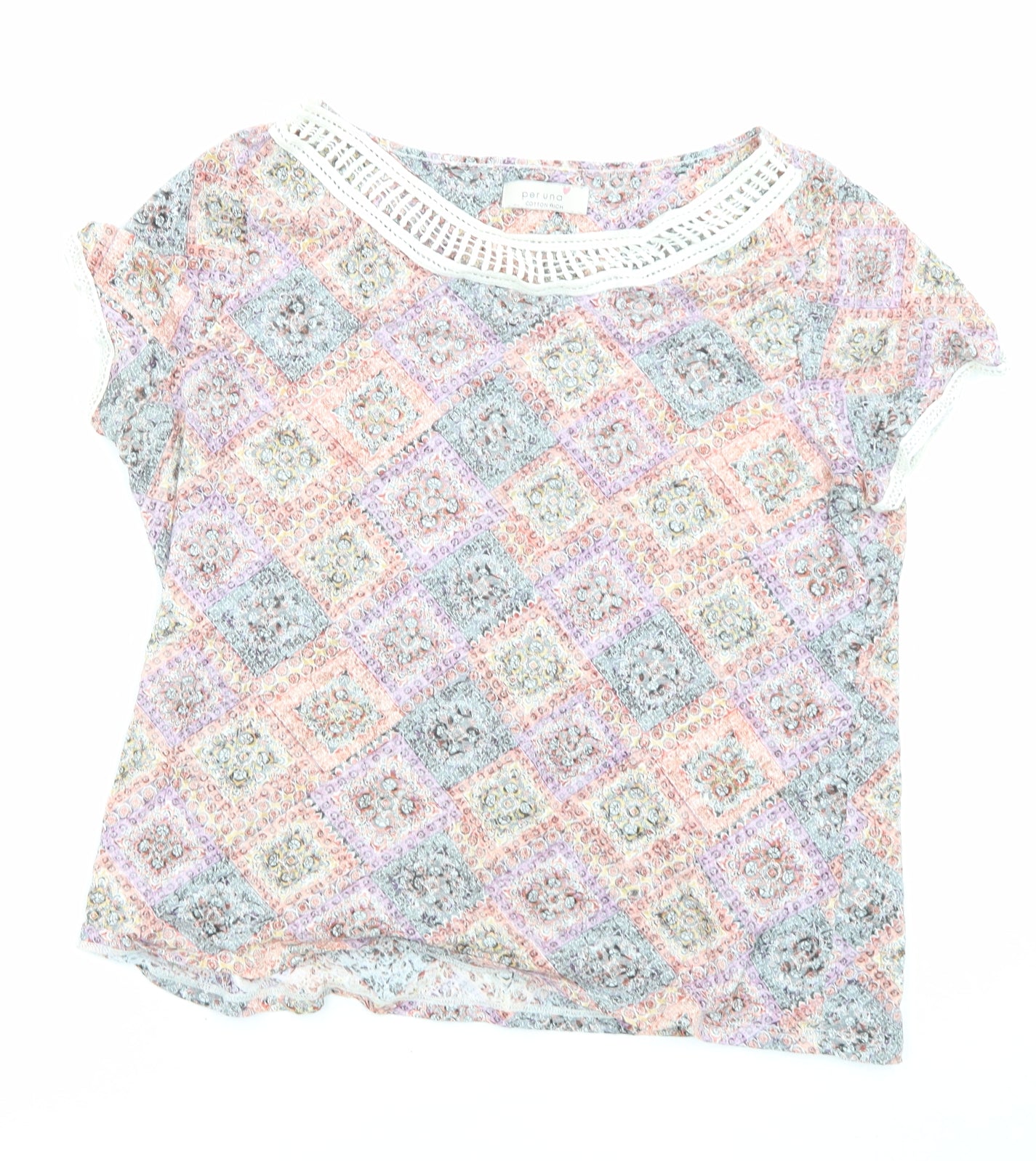 Per Una Womens Multicoloured Geometric Cotton Basic T-Shirt Size 16 Round Neck - Crochet Neckline and Cuffs
