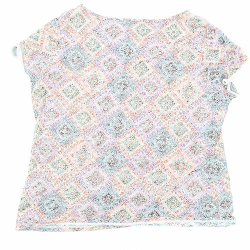 Per Una Womens Multicoloured Geometric Cotton Basic T-Shirt Size 16 Round Neck - Crochet Neckline and Cuffs