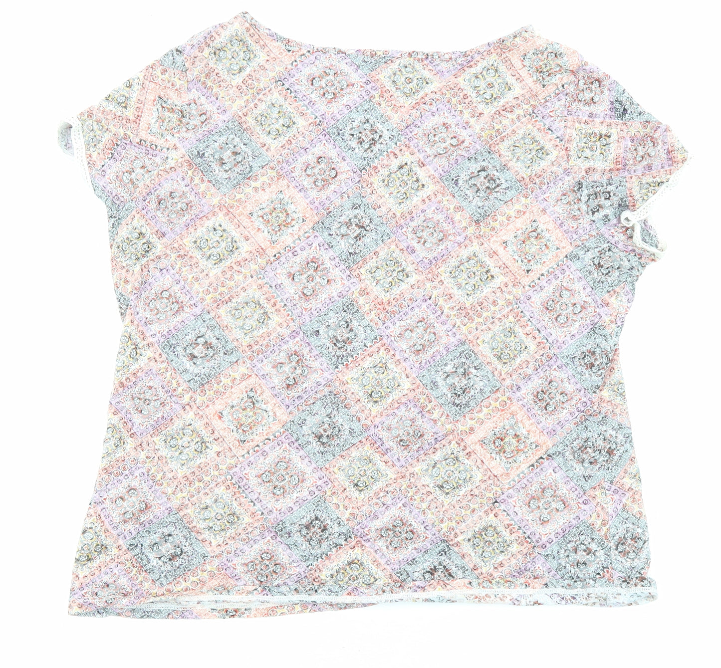 Per Una Womens Multicoloured Geometric Cotton Basic T-Shirt Size 16 Round Neck - Crochet Neckline and Cuffs