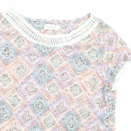 Per Una Womens Multicoloured Geometric Cotton Basic T-Shirt Size 16 Round Neck - Crochet Neckline and Cuffs