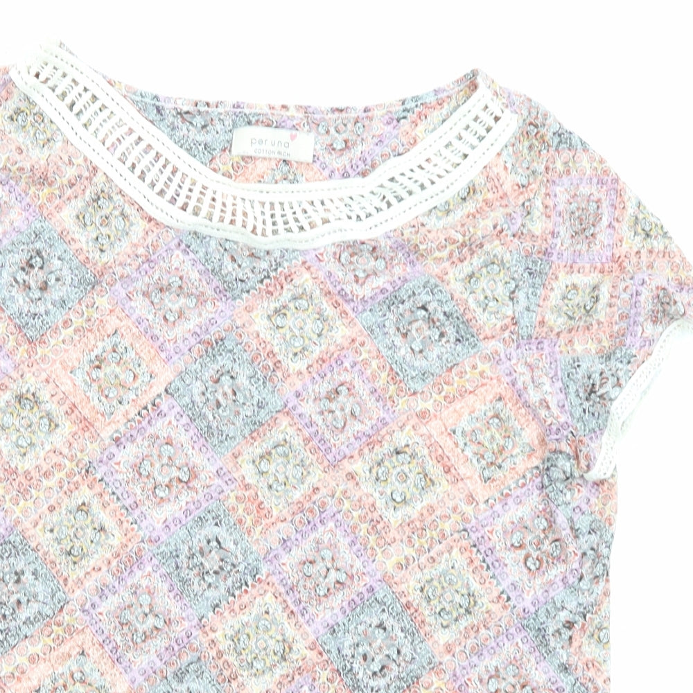 Per Una Womens Multicoloured Geometric Cotton Basic T-Shirt Size 16 Round Neck - Crochet Neckline and Cuffs