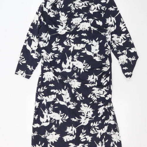 Pure Womens Blue Floral Polyester A-Line Size 16 V-Neck Pullover