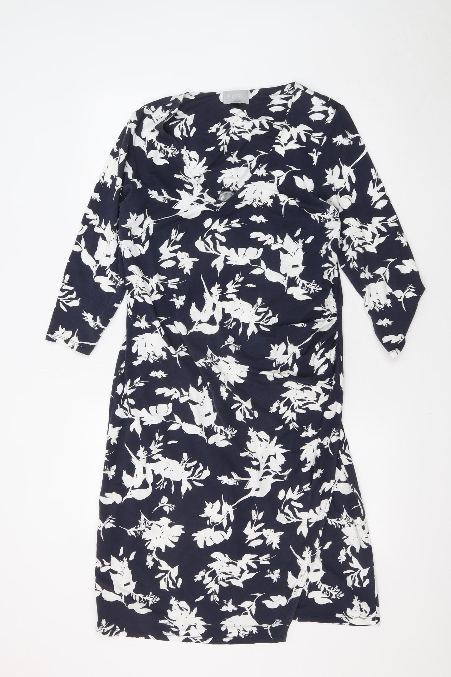 Pure Womens Blue Floral Polyester A-Line Size 16 V-Neck Pullover